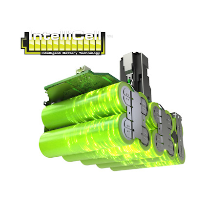 transparant ONE+ batteri av märket RYOBI. Gröna cylindriska celler med kretskort ovanpå, med texten "IntelliCell Intelligent Battery Technology".