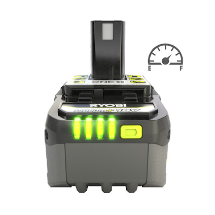 Ryobi batteri med fyra gröna lysdioder och symbol för bränslemätare till höger.