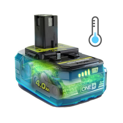 Transparant 18V ONE+ batteri från RYOBI. 4,0 Ah. Termometerikon uppe till höger