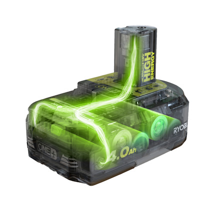 Transparent ONE+ batteri visar inre komponenter; grönt ljus illustrerar energiflöde. Text: "HIGH ENERGY", "ONE+", och "4.0 Ah".Märke: Ryobi