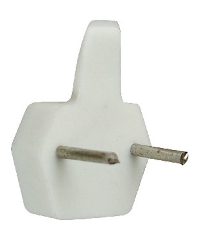 Vit plastkrok med två metallpiggar och en hexagonal bas.