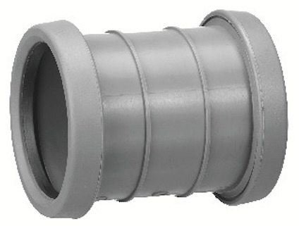 Grå plastkoppling med två inre gängor och en slät yttre yta.