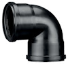 Svart rörböj i plast med 90 graders vinkel, har släta ytor och två öppningar.