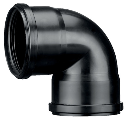 Svart rörböj i plast med 90 graders vinkel, har släta ytor och två öppningar.