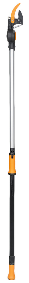 Universalklippare med långt teleskopskaft, svart och orange design.