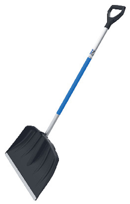 Snöraka med svart blad, blå handtag och svart D-format grepp.