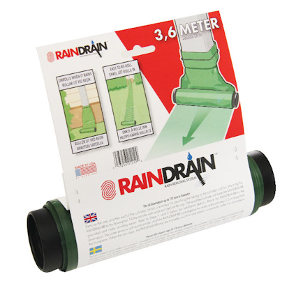 Förpackning av en Rain Drain regnvattenfördelare med illustrationer och anvisningar.