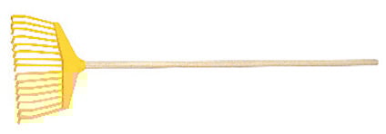 Gul miniräfsa med trähandtag och plasttänder.