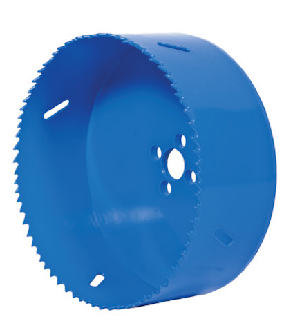 Blå hålsåg med tandad kant och fler små hål på en av sidorna.