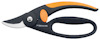 Sekatör med svart och orange handtag och sidoskär, märkt med "Fiskars".