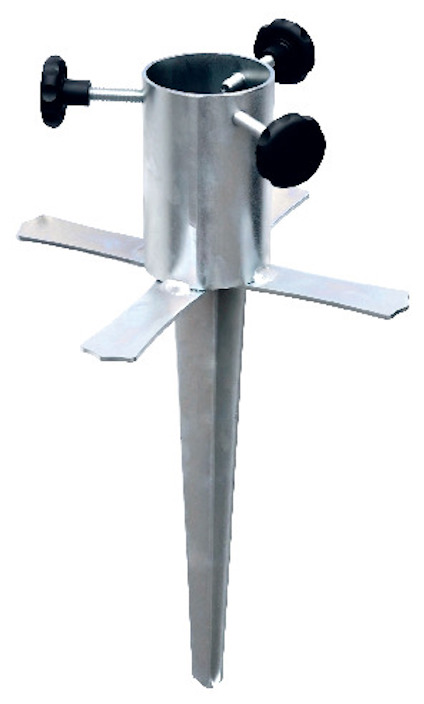 Metallisk konformad julgransfot med tre svarta justeringsskruvar och fyra stödben.