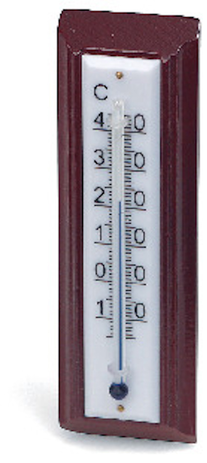 Termometer med trä- och plastdetaljer, visar Celsius-skala. mörkbrun ram med vit bakgrund.