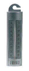 Silverfärgad frystermometer med krok, vertikal skala från 4 till -4 grader, rör centralt placerat.