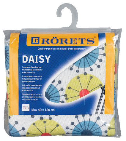 Förpackning med strykbrädsöverdrag som visar ett färgglatt, blommigt mönster och texten "DAISY" på framsidan.