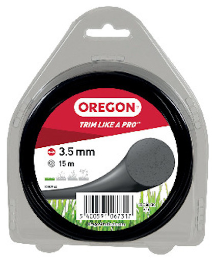 Förpackning med svart trimmertråd från Oregon, etikett med text "Trim like a pro", diameter 3,5 mm, längd 15 m.