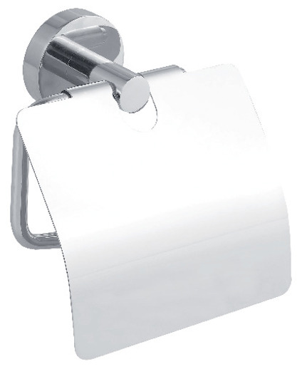 Väggmonterad kromad pappershållare med lock och rund basplatta.