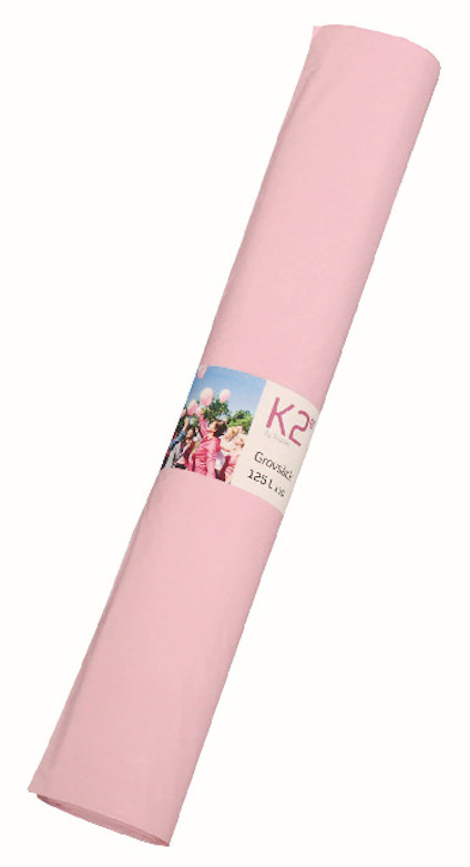 Rosa rulle med soppåsar, etikett med text "Grovavfall K2" och en bild av en familj.