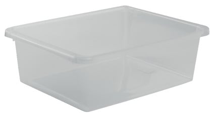 Transparent förvaringsbox med rektangulär form och låg kant.