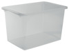 Transparent förvaringsbox med rektangulär form och släta sidor.