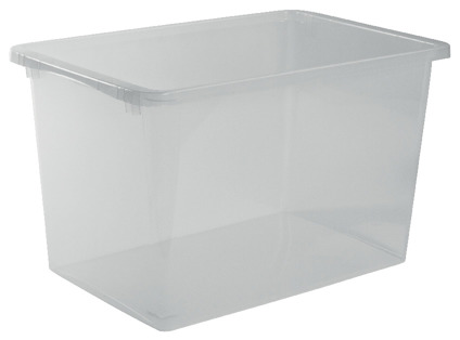 Transparent förvaringsbox med rektangulär form och släta sidor.