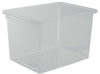 Transparent plastförvaringsbox med rektangulär form och släta sidor.