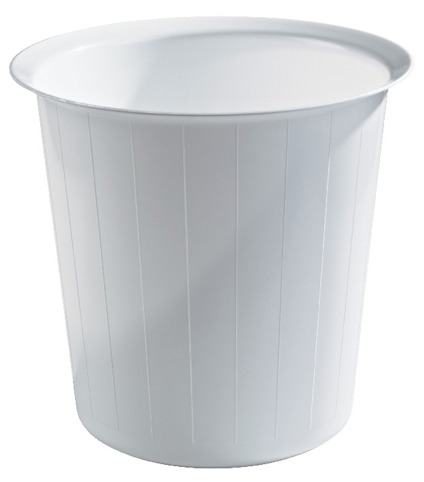 Vit papperskorg med runda sidor och en slät, blank yta.