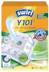 Förpackning med Swirl Y101 dammsugarpåsar, visar påsar och text om allergenfilter samt förbättrad materialkomposition.