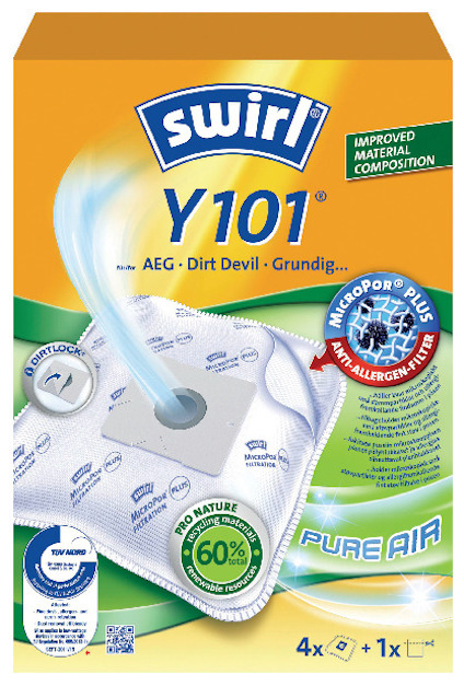 Förpackning med Swirl Y101 dammsugarpåsar, visar påsar och text om allergenfilter samt förbättrad materialkomposition.