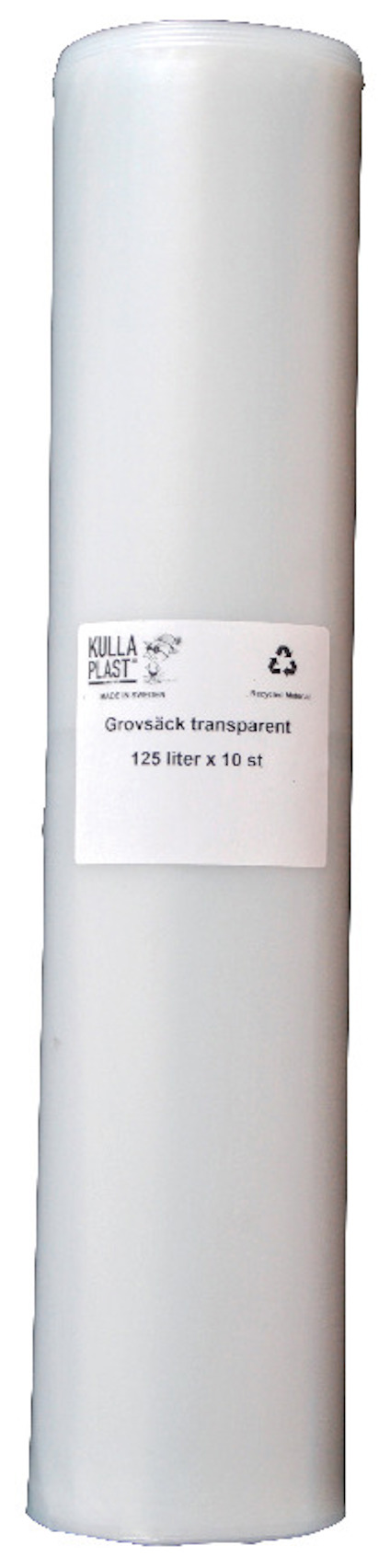 Rulle med genomskinliga sopsäckar och etikett som anger produktinformation.