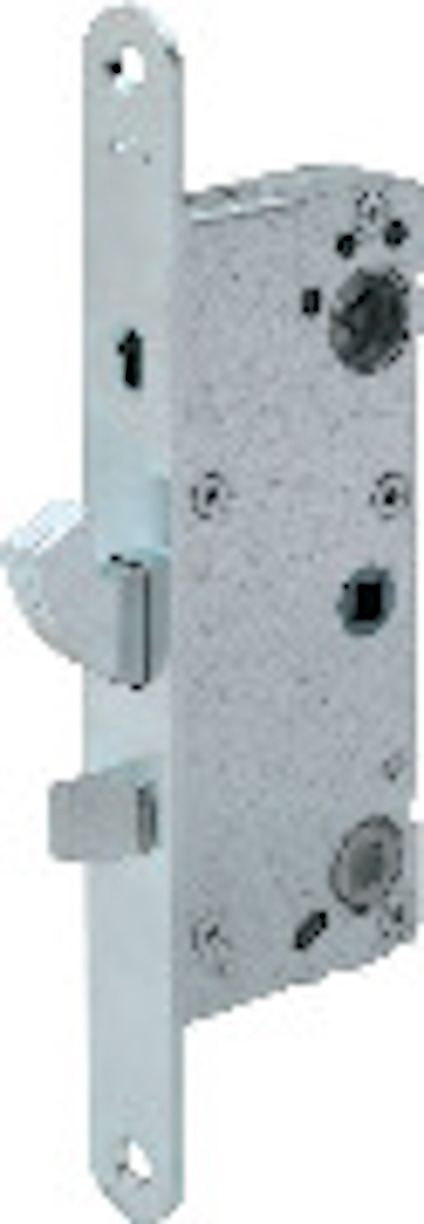 Låshus i metall med cylinderöppning och regel.