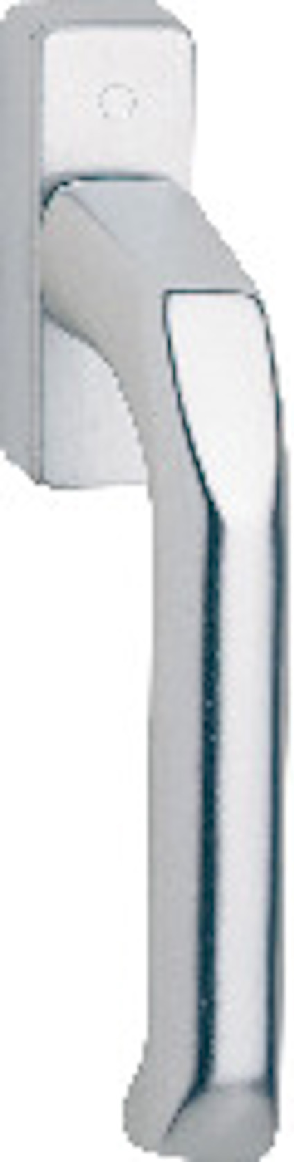 Silverfärgat dörrhandtag med rektangulär basplatta, monterat vertikalt mot en vit bakgrund.