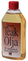 Flaska med röd kork och etiketten "Herdins Teak Olja För inomhusbruk". Innehåller gul olja.