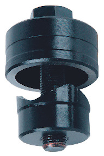 Cirkulärt, metalliskt verktyg med centralt monterad skruvmekanism och två runda delar upptill och nedtill.