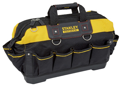 Svart och gul verktygsväska med handtag och fyra ytterfickor. Texten "Stanley Fatmax" syns på framsidan.