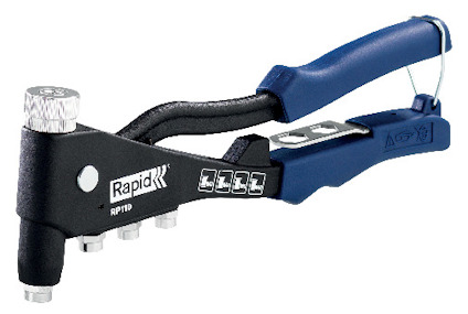 Blindnitmuttertång med blått handtag och märkt "RP110", flera nitmunstycken synliga.