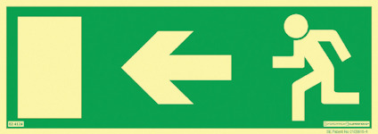 Nödutgångsskylt med grön bakgrund, vit pil mot vänster och en vit symbol av en springande person.