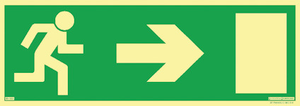 Grön skylt med vit pictogram av springande person och pil som pekar mot en dörr.