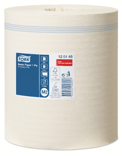 Handtorkrulle med blå etikett märkt Tork, Basic Paper 1 Ply och M2.