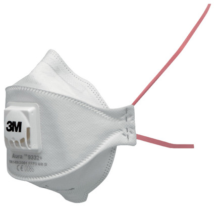 Vitt skyddsmask med röd rem och ventil, märkt "3M Aura 9332+".