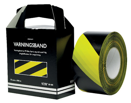 Gul- och svartmönstrad rulle med varningsband bredvid en förpackning med texten "VARNINGSBAND".