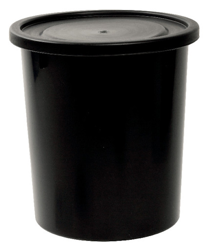 Svart plasttunna med lock, cylindrisk form och slät yta.