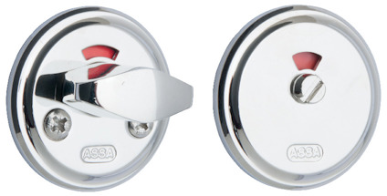 Två runda dörrlås i silver med röd och vit indikator. Logotypen "ASSA" syns på båda låsen.