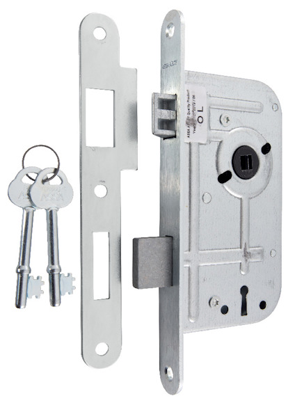 Låshus med två nycklar och slutbleck i metall, visas från sidan.