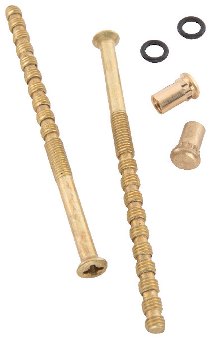 Två mässingsfärgade vredskruvar med ränder, en hylsformad komponent och två små svarta o-ringar.