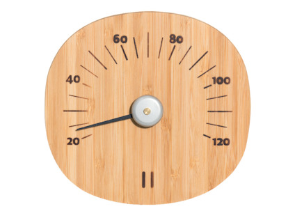 Rund bastutermometer i bambu med graderingsskala från 20 till 120 grader. Visaren pekar på 30 grader.