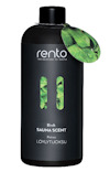 Flaska med etikett "rentö Birch SAUNA SCENT". Svart design med gröna björklöv. Hängande etikett med björklövsmotiv.