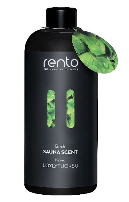 Flaska med etikett "rentö Birch SAUNA SCENT". Svart design med gröna björklöv. Hängande etikett med björklövsmotiv.