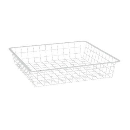 Vit trådback med rutnätstruktur, sett från sidan, med en fyrkantig form och låg kant.