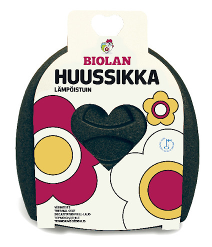 Förpackning med en värmesits märkt "BIOLAN" och "HUUSSIKKA", dekorerad med blommor och hjärtmönster.