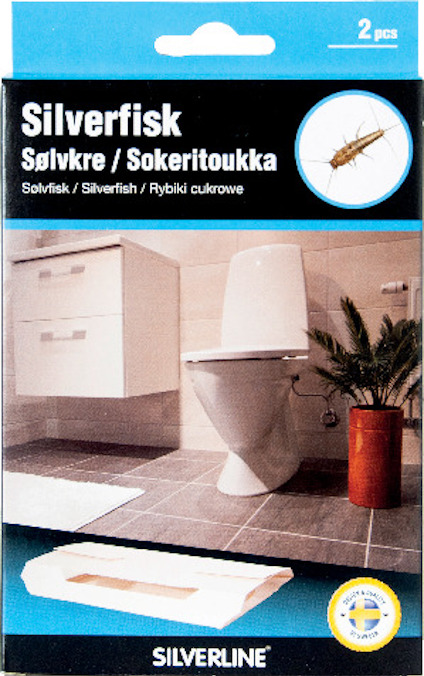 Förpackning för Silverline limfälla mot silverfisk, med bild på badrum och en illustration av en silverfisk.